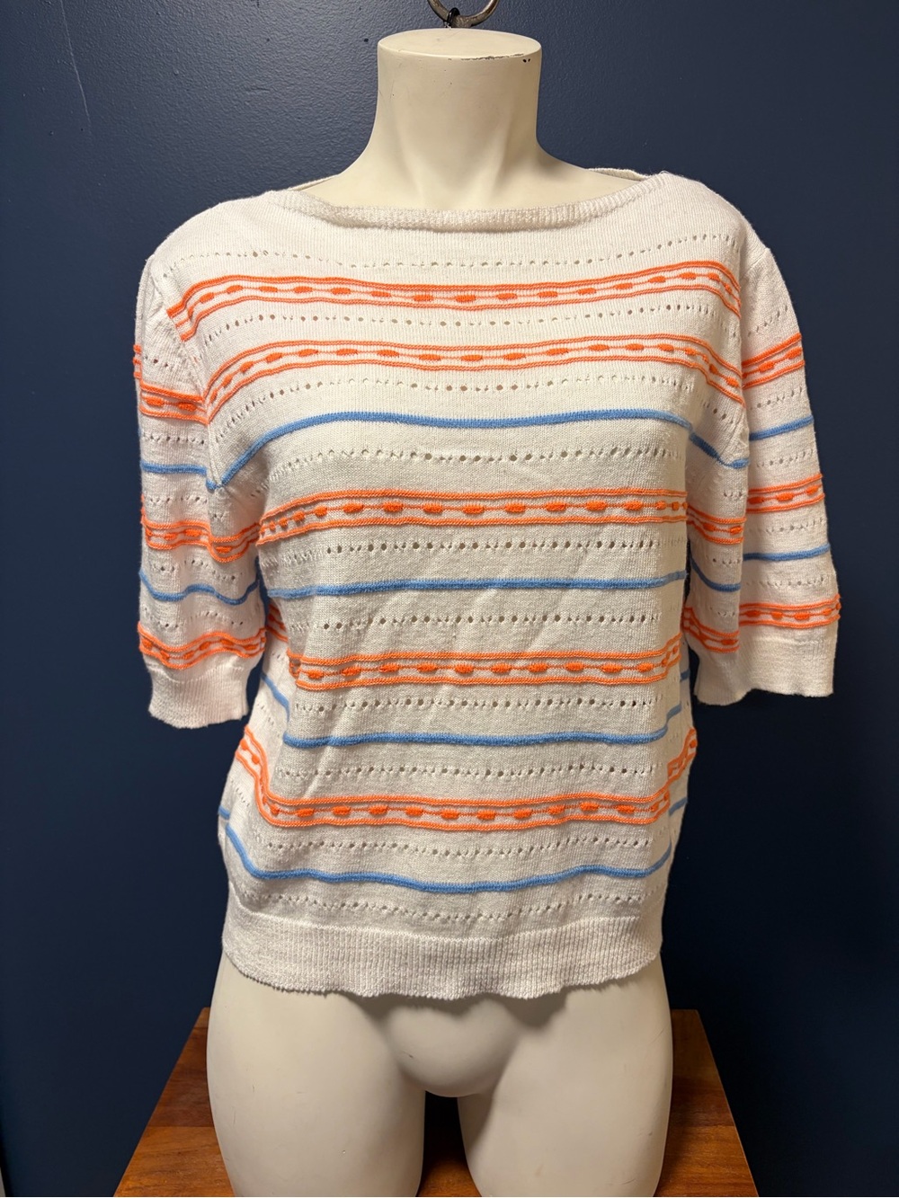 Yunika Made in Italy Striped Pointelle Open Knit Sweater Top – Size M